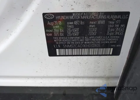 2019 Hyundai Santa Fe Se z USA, uszkodzony, nr VIN 5NMS2CAD1KH032805